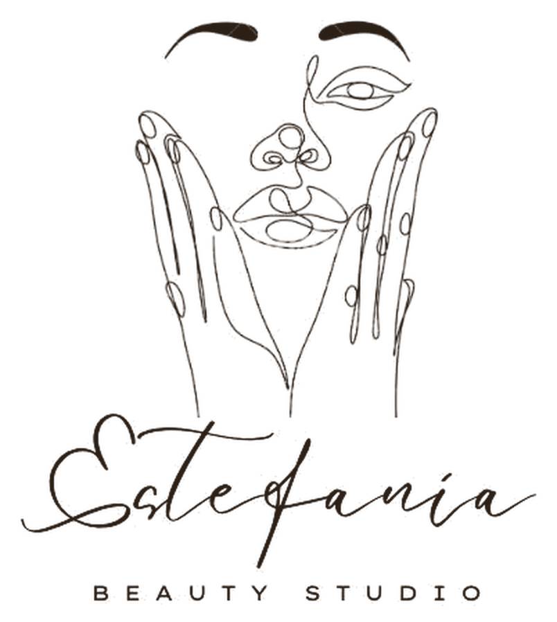 Logotip d'Estefania Beauty Studio: dibuix d'un rostre amb les mans i signatura Estefania